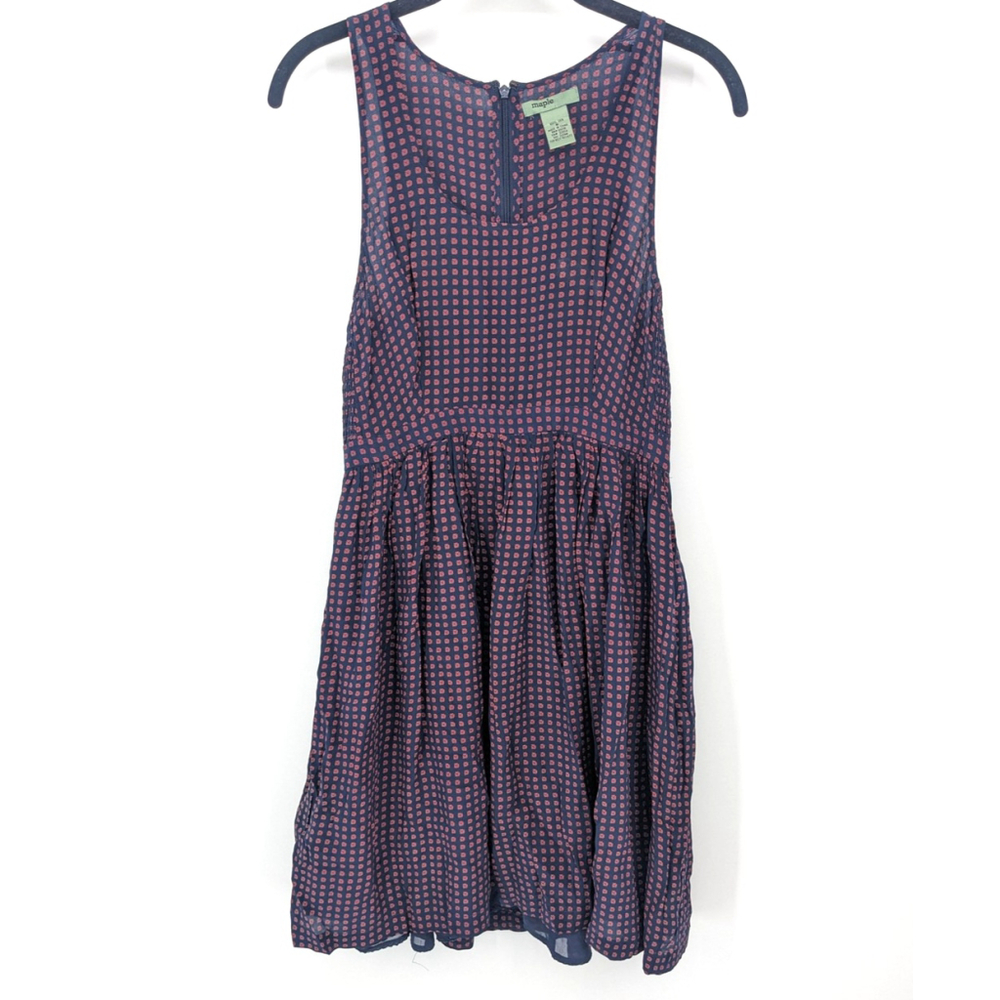 Maple Dress Womens 6 Navy Silk Sleeveless Fit & Flare Geometric Print‎ Smocked